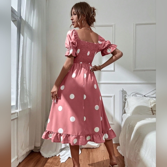 Frenchy Polka Dot Print Square Neck Puff Sleeve Ruffle Hem Dress - Picture 2 of 4